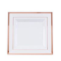 BalsaCircle 20 pcs 10-Inch White with Rose Gold Trim Plastic Square Plates - Disposable Wedding Party Reception Catering Tableware
