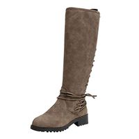 CmmYYrei Women Knee High Riding Boots Side Zipper Back Lace Up Mid Calf Boots Waterproof Rain Boots Combat Boots Coffee