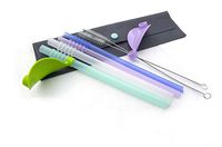 Sproutee Silicone Drinking Straws for Girl｜ Reusable Drinking Straw ｜Regular Straws(Rose Violet + Indigo Blue)＋Straws for Boba(Crystal Transparent + Forest Green) +Waterproof Fabric Case x1
