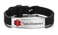 JF.JEWELRY Type 2 Diabetes Medical Alert ID Bracelet for Men & Women with Silicone Wristband-8 Size Adjustable,Black