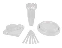 350 PCS Disposable Tableware Combo Pack INCLUDES: 50 9" Clear Plastic dinner plates | 50 7" plastic appetizer plates |50 plastic cups | 50 paper napkins | 50 plastic cutlery spoons forks & knives
