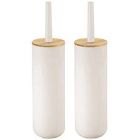 mDesign Compact Freestanding Plastic Toilet Bowl Brush and Holder for Bathroom Storage - Plastic and Bamboo - Sturdy, Deep Cleaning - 2 Pack - Cream/Natural Wood Finish