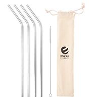 ESKAY Set of 4 Stainless Steel Metal Bent Straws 9'' Reusable Drinking Straws for 20oz Tumblers and Yeti, 6mm Diameter (4 Bent + 1 Brush + 1 Storage Bag)