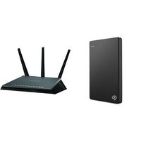 NETGEAR Nighthawk AC1900 Dual Band Wi-Fi Gigabit Router (R7000) and Seagate Backup Plus Slim 1TB Portable External Hard Drive with 200GB of Cloud Storage & Mobile Device Backup USB 3.0 (STDR1000100) - Black