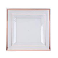 BalsaCircle 20 pcs 10-Inch Clear with Rose Gold Trim Plastic Square Plates - Disposable Wedding Party Reception Catering Tableware