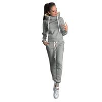✶ HebeTop ✶ Women Solid Color Two Piece Sweatsuit Round Neck Pullover and Skinny Long Pants Gray