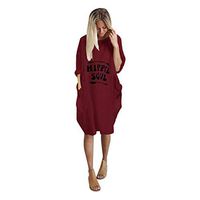 Womens Plus Size Loose Tops Dress Crew Neck Casual Long Sleeve Pocket Dress Hippie Baggy Party Club Beach (Red, XXXL)
