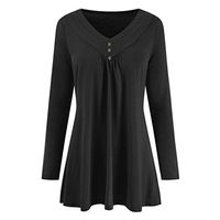 Meikosks Women's V Neck Button Tops Long Sleeve Solid Blouses Loose Plus Size Pullover T Shirt Black