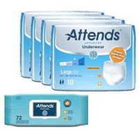 Attends Advanced Incontinence Pull Up Underwear for Men and Woman, Heavy Absorbency, Large, Waist Size 44" - 58", 72 Count, Plus Attends Scented Wipes 1 Pack of 72