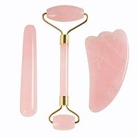 DingSheng Natural Crystal Jade Facial Roller Crystal Massager Anti-Aging Facial Jade Roller Therapy Rose Quartz Double Neck Healing Slimming Massager (Rose Quartz Set)