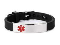 Medical Alert ID Bracelet Stainless Steel Tag with Adjustable Silicone Sport Emergency Wristband Black for Men and Women Free Engraving