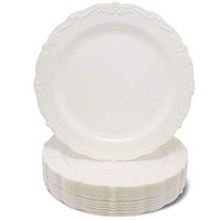 Juvale 25-Pack Elegant Vintage Plastic Dinner or Salad Plates for Birthday, Bridal Shower, and Wedding Party Supplies, Cream with Fine Detailing, 9 Inches