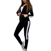 Amlaiworld Fashion Women Sweatshirt Sets Casual Stripe Long Sleeve Zipper Jacket Sport Tops+Long Pants Sets Black