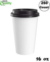 Large 16oz White Paper Coffee Cups with Black Lids - (250 Count) by EcoQuality - Disposable Paper Coffee Cups - Hot Drink, Tea, Coffee, Cappuccino, Hot Chocolate, Chai, Chai Latte, Office,Travel