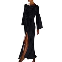 Women's Round Neck Loose Knitted Flare Long-Sleeved Maxi Dresses Sunscreen Hollow Swimsuit Swimwear with Belt (White, L)