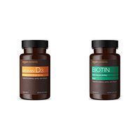 Amazon Elements Vitamin D3, 5000 IU, 180 Softgels, 6 Month Supply & Biotin 5000 mcg, Vegan, 130 Capsules (4 Month Supply)