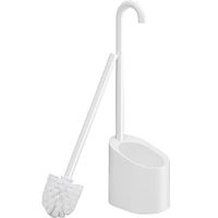 Aplus Toilet Bowl Brush Set Stand Scrubber and Holder Curving Grip Canddy Modern Design for Bathroom Cleaning Long Slim Handle Bristles Wand Toilet Cleaner Compact Size Saving Room ABS Plastic White