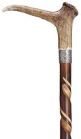Walking Cane - Genuine stag horn astd shape handle on artistic spiral hand grooved shaft, 36" long with rubber tip.