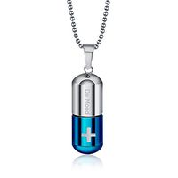 JAJAFOOK Stainless Steel Cross Medicine Pill Case Capsule Unscrew Pendant Necklace, Silver Blue, 24inch Chain