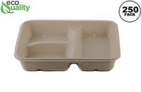 [250 Pack] 33 oz Compostable 3 Compartment Food Trays with Pulp Fiber Lids - Unbleached, Sugarcane, Plant Fiber, Heavy Duty, Microwavable, Biodegradable, Tree Free, Ecofriendly, Lunch Trays, Meal Prep