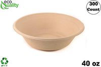 300 Count - EcoQuality 40oz Round Disposable Bowls Natural Sugarcane Bagasse Bamboo Fibers Sturdy Compostable Eco Friendly Environmental Paper Plastic Bowl Alternative Tree Free