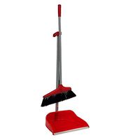 Unique Imports Upright Long Handle Dustpan and Brush Broom Set Lobby Home Modern Comfort Grip Flexible & Durable Sweeper (red)