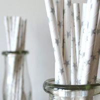 Biodegradable Paper Straws with Silver Stars - Holidays, Weddings, Showers - 100 pcs