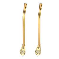 HP95 Pack of 2 Stainless Steel Yerba Mate Tea Gourd Bombilla Straws - Reusable Filtered Bent Drinking Straw with Spoons (Gold)