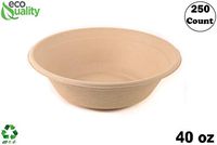 250 Count - EcoQuality 40oz Round Disposable Bowls Natural Sugarcane Bagasse Bamboo Fibers Sturdy Compostable Eco Friendly Environmental Paper Plastic Bowl Alternative Tree Free