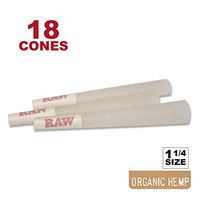 RAW 18 Organic 1 1/4 Cones - Sturdy W Gallery Box - Pure Hemp 1.25 84mm Pre-Rolled Cones - 26mm Filter Tips - Natural Unbleached Unrefined Rolling Papers - 18 Pack