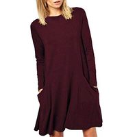 Gocheaper Women's Round-necked Long-sleeved Pocket Solid Color Dress(Red,XL)