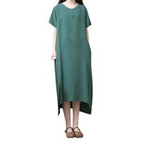 Vintage Summer Casual Cute Women Short Sleeve Mid-Calf Loose Hem Dress Green