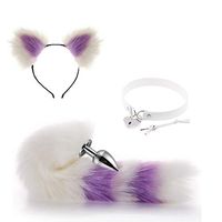 3PCS Fox Tail and Lovely Ears Handheld Massager Christmas Cosplay Party Costume Gift for sweetbaby Unlock The Lock of Passion （White and Purple）-L