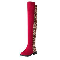 ❤Kauneus❤ Womens Fashion Leopard Patchwork Knee High Boot Round Toe Flat Heel Faux Suede Kneepad High Tube Boots Red