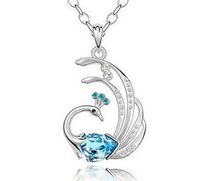 NEW Womens Peacock Sky Blue Crystal Rhinestone Silver Chain Pendant Necklace - Prom Beautiful Bright Lovely Cheap Elegant Aesthetic Beads Daily Best Comfy