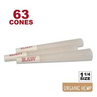 RAW 63 Organic 1 1/4 Cones - Sturdy W Gallery Box - Pure Hemp 1.25 84mm Pre-Rolled Cones - 26mm Filter Tips - Natural Unbleached Unrefined Rolling Papers - 60 + Bonus Pack