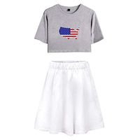 4th of July Women 2 Piece Short Sleeve Set Bodycon American Flag Two Piece Crop Top and Skirt Sets Outfits Light Gray