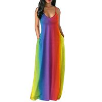XGUMAOI Personality Women Colorful Rainbow Print V Neck Long Dress Straps Sleeveless Pockets Boho Maxi Dress (M, Multicolor)