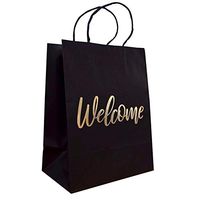 Wedding Welcome Bags - 24-Count Black Elegant Kraft Paper Gift Bags with ‘’Welcome’’ Embossed and Printed in Gold Foil - 4.75" x 8" x 10.25" Inches (Upgraded Size)