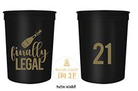 Finally Legal 21st Birthday Party Cups and 1"Buy Me a Shot I'm 21" Button! Set of 12, 16oz White and Gold 21st Birthday Stadium Cups, Perfect for Birthday Parties, Birthday Decorations! (Black)