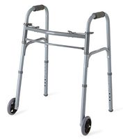 Medline Junior Two-Button Folding Walker with 5" Wheels, For Users 4’6” to 5’5”