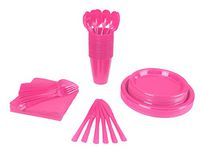 350 PCS Disposable Tableware Combo Pack INCLUDES: 50 9" Cerise Plastic dinner plates | 50 7" plastic appetizer plates |50 plastic cups | 50 paper napkins | 50 plastic cutlery spoons forks & knives