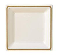 Compostable Printed Rim Plates, 9 Inch, Square Shaped, White with Gold, 64 Pack