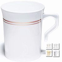" OCCASIONS" 40 Mugs Pack, Heavyweight Disposable Wedding Party Plastic 8 oz Coffee Mugs/Tea Cups/Cappuccino Cups/Espresso Cup with Handles (8 oz Mugs, White & Rose Gold Rim)