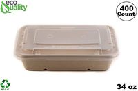 [400 Pack] 34oz Compostable Eco Friendly Container Trays with Lids - Rectangular Oblong Tree Free Sugarcane Bagasse Meal Prep Bento Boxes Take Out Catering Microwavable Deep Container by EcoQuality