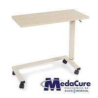 Medacure Bedside Table with Wheels - Overbed Table Hospital Bed – Home, Food, Laptop, Reading - Adjustable Height, No Spill Rim, Heavy Duty Steel Frame, Locking Casters - 50lb Capacity - Light Oak