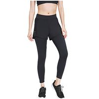 Theoylos Womens High Waist Yoga Leggings Running Elastic Solid Color Fake Two Yoga Sport Pants Non See-Through Leggings Black