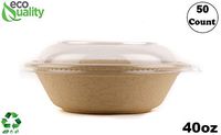 50 Count - EcoQuality 40oz Round Disposable Bowls with Dome Lids Natural Sugarcane Bagasse Bamboo Fibers Sturdy Compostable Eco Friendly Environmental Paper Plastic Bowl Alternative Tree Free