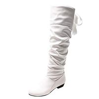 Goldweather Women's Knee High Riding Boots Lace Up Strappy Flat Low Heel Winter Boots(White,10.5)
