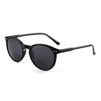 JM Bifocal Sunglasses Reader Retro Round Style Reading Glasses for Women Men Black Frame Grey Lens +1.0